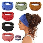 GiLi 6 Pack Wide Headbands for Women Non Slip Soft Elastic Hair Bands Yoga Running Sports Workout Gym Head Wraps , Knotted Cotton Cloth African Turbans Bandana ( with 6 Pcs Hair Ties)