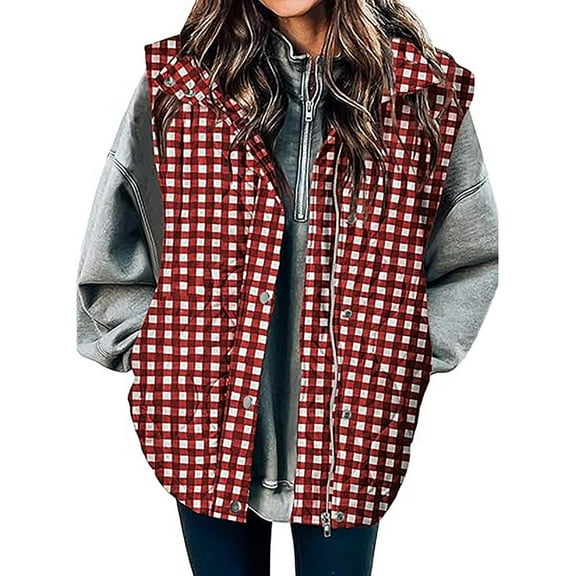 Cropped Plaid Vest for Women Lightweight Quilted Stand Collar Sleeveless Button Zip Up Coat Casual Fall Winter Jackets (L, Red)