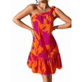thumbnail image 2 of Women'S One Shoulder Leaf Print Self-Tie Short Dress Sleeveless Tiered Hem Formal Dress Red L, 2 of 9