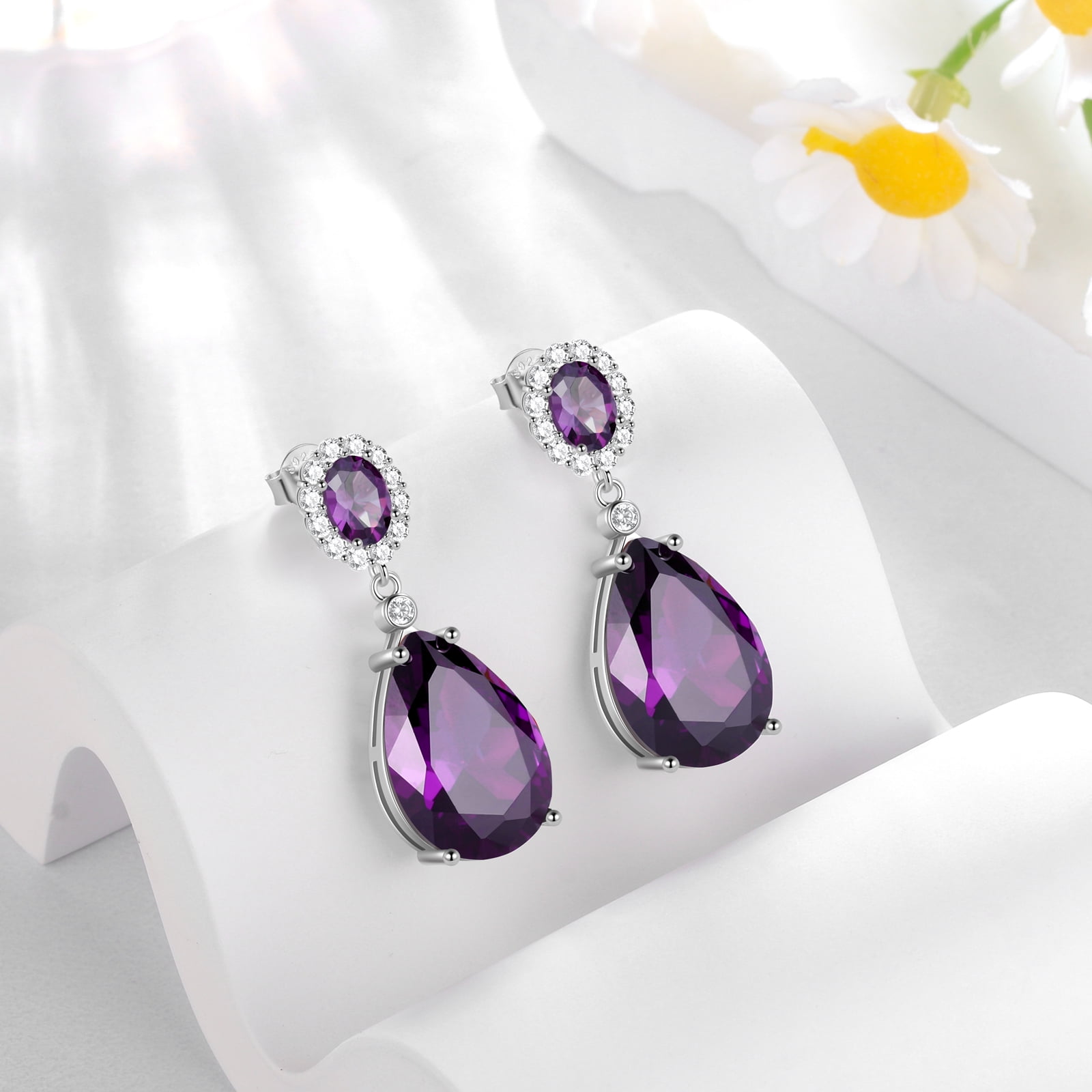 Juwaliy 10Ct Dangling Teardrop Earrings Women February Birthstone Amethyst Purple 925 Sterling Silver Jewelry Birthday Valentine's Day Gift