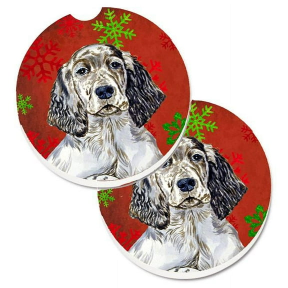 English Setter Red & Green Snowflakes Holiday Christmas Set of 2 Cup Holder Car Coaster