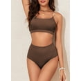 thumbnail image 6 of Eytino High Waisted Bathing Suits for Women Bikini Set Two Piece Swimsuit Shirred Solid Color Shell Strap Bikini Swimwear 2025 Summer Swim Suit Coffee L, 6 of 12