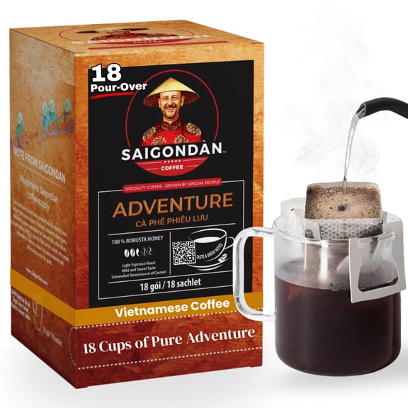 Saigondan Drip Instant Coffee - Adventure | Light Espresso Roast | 100% Robusta | Vietnamese Single Origin | Small Batch Roasted | Direct Trade | Mild and Sweet Taste | No Preservatives | 18 Sachets