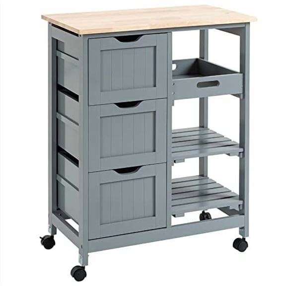 Rolling Kitchen Island Cart, Bar Serving Cart, Compact Trolley on Wheels with Wood Top, Shelves & Drawers for Home Dining Area, Grey