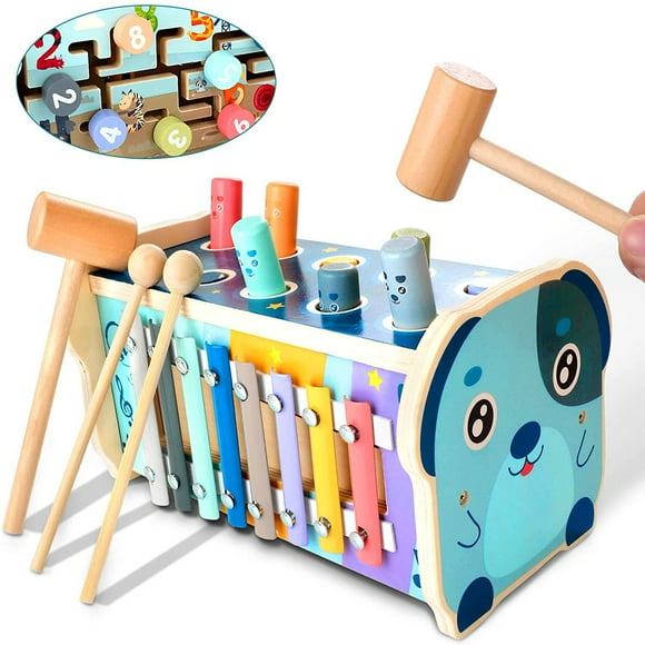 3-in-1 Wooden Hammering Pounding Toy Montessori Early Development Toy with Pounding Bench Number Sorting Maze Xylophone Birthday Gift for 1 2 3 4 Year Old Baby Kids