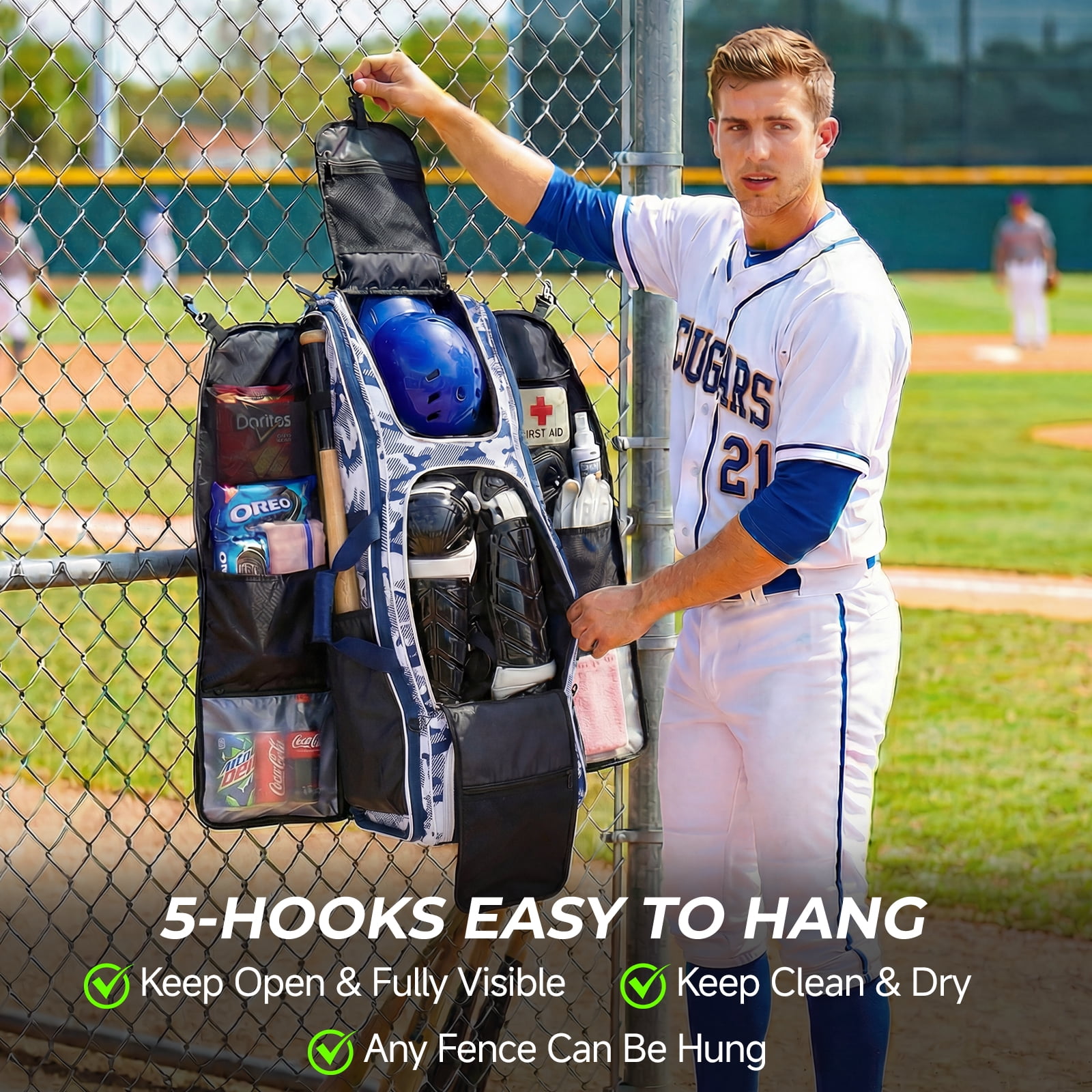 Fegat Rolling Baseball Bag, 100L Large Catcher Gear Bag Softball Bags with Wheels, Youth Equipment Bag Holds 8 Bats, Full Set, with Fence Hooks, Reflective Strip, Shoe Compartment