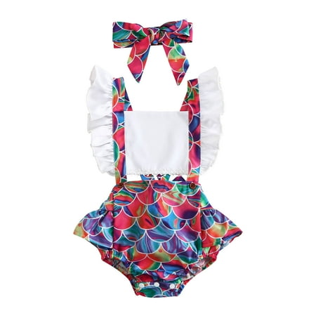 

Penkiiy Toddler Baby Girls Fashion Flying Sleeves Mermaid Print Romper Jumpsuit Bow Headdress Suit Gifts for Baby Girls for 6-12 Months Kids Red 2023 Summer Deal
