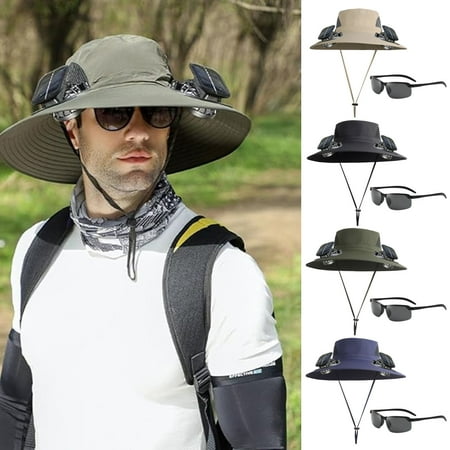 Solar Outdoor Fishing Hat for Men | Wide Brim Sun Hat with 3-Speed Adjustable USB/Solar | Breathable Mesh 800mAh Battery UV Protection 56-60cm Gray | Cooling Sun Cap for Hiking Gardening