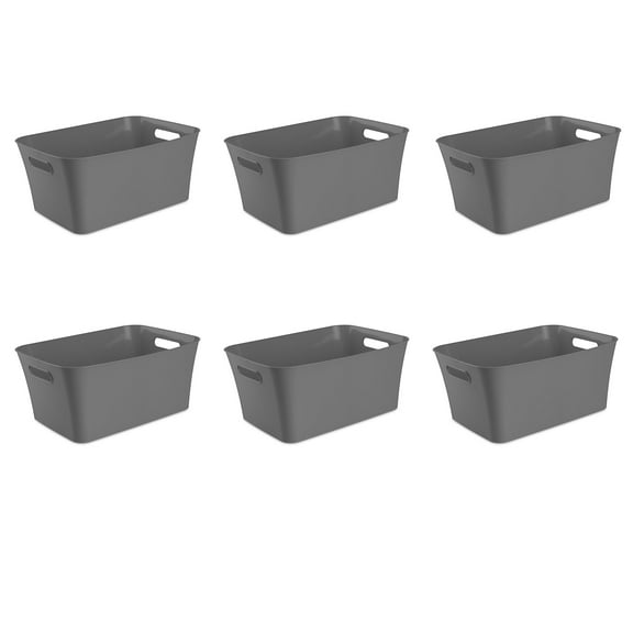 Mainstays Large Bin, Open Plastic Storage Containers, Versatile Stylish Organizers with Handles, Gray, 6 Pack