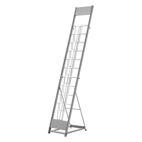 KFFKFF Portable Floor Standing Magazine Rack with 10 Pockets, Metal Literature Display Stand for Shops, Exhibitions, Offices, Trade Shows, Silver