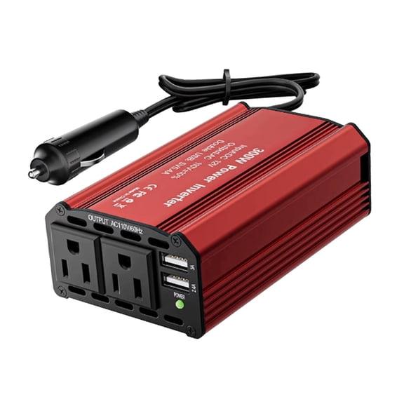300W Car Inverter, 12V DC to 110V AC Adapter, 2 AC Outlets 2 USB Charging Ports, Car Plug Adapter