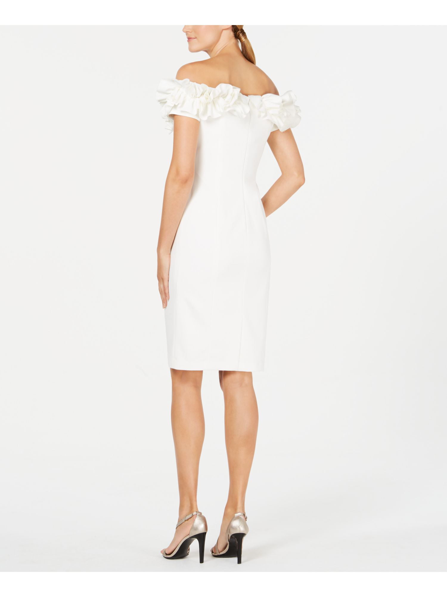 CALVIN KLEIN Womens White Ruffled Cold Shoulder Sleeveless Off Shoulder  Knee Length Formal Sheath Dress 6 