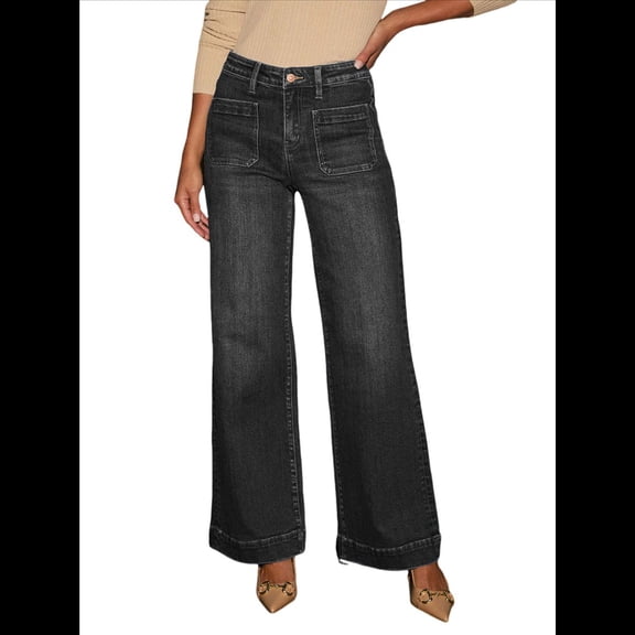 Women'S Wide Leg Jeans High Waisted Straight Stretchy Denim Pants with Pockets Black XXL