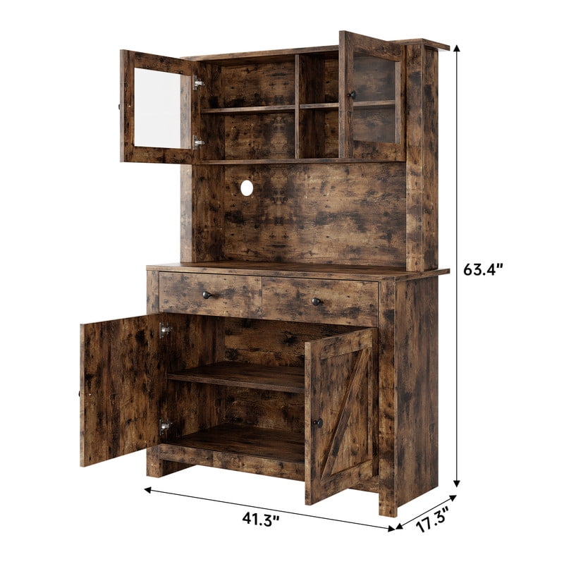 Garvee Kitchen Pantry Cabinet with Microwave Stand, Freestanding Hutch with Buffet Storage, Tall Adjustable Shelves, Brown