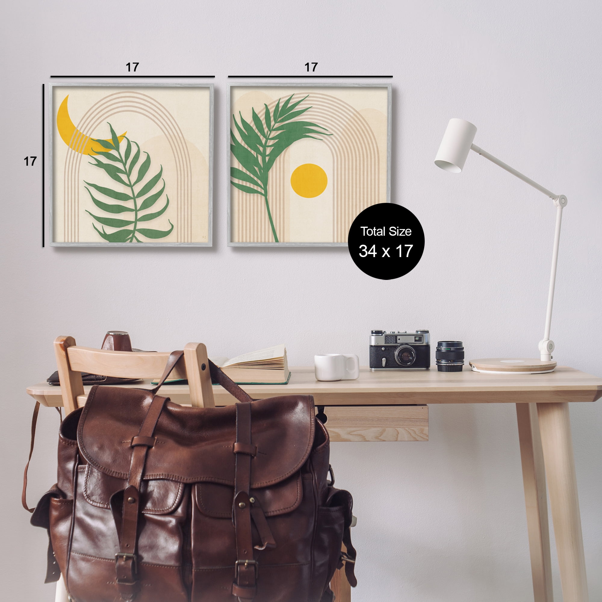 Stupell Industries Modern Fern Moon & Sun Botanical & Floral Painting Gray Framed Art Print Wall Art, 17 x 17, Set of 2