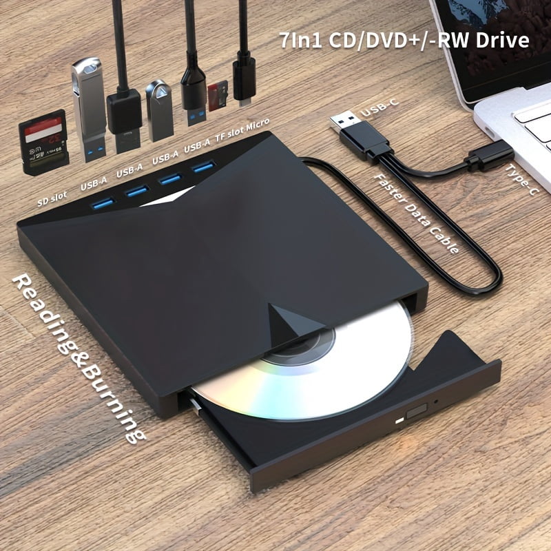 7-In-1 Multifunctional External Player/Reader/Writer USB C Portable CD/DVD+/-RW Drive/Dvd Player, USB 3.0 USB C Hub DVD CD Burner, Compatible with Laptops, Desktops, And All-In-One Computers