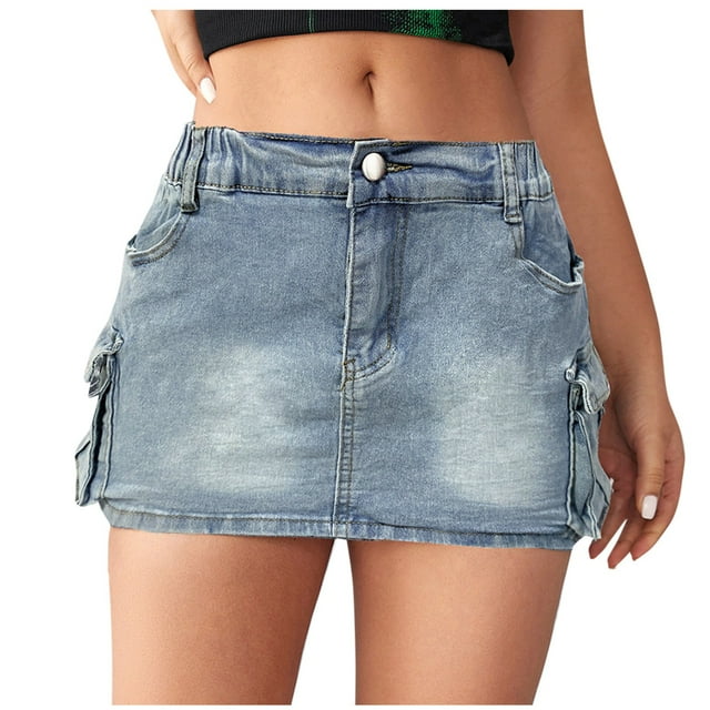 Cinvoph Jupe en Jean pour Femmes Jupe Mini Décontractée d'Été avec Boutons Multi-Poches Cargo en Denim