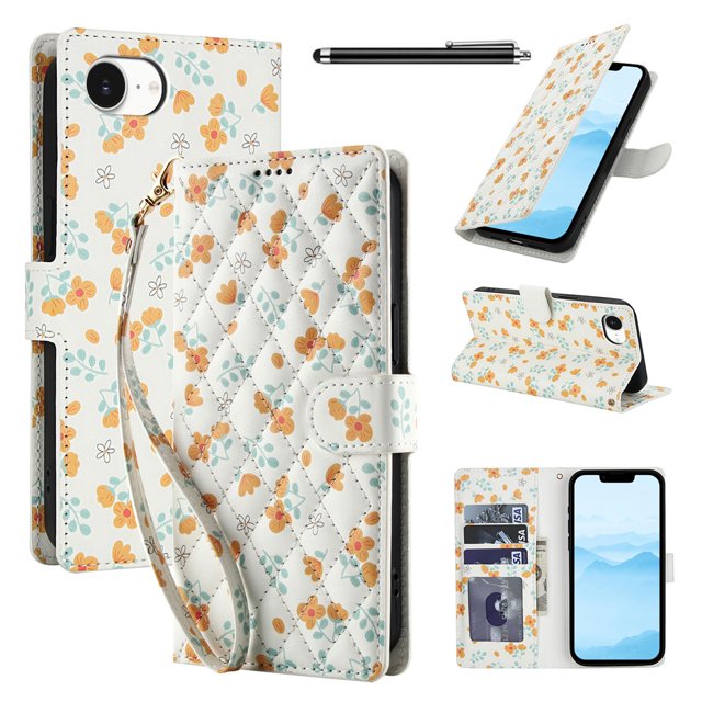 Wallet Case for iPhone 16e , PU Leather Phone Cover Kickstand RFID Blocking Flip Case Card Slots Wrist Strap Relief Engraved Pattern Magnetic With Stylus Pen, Orange Flower