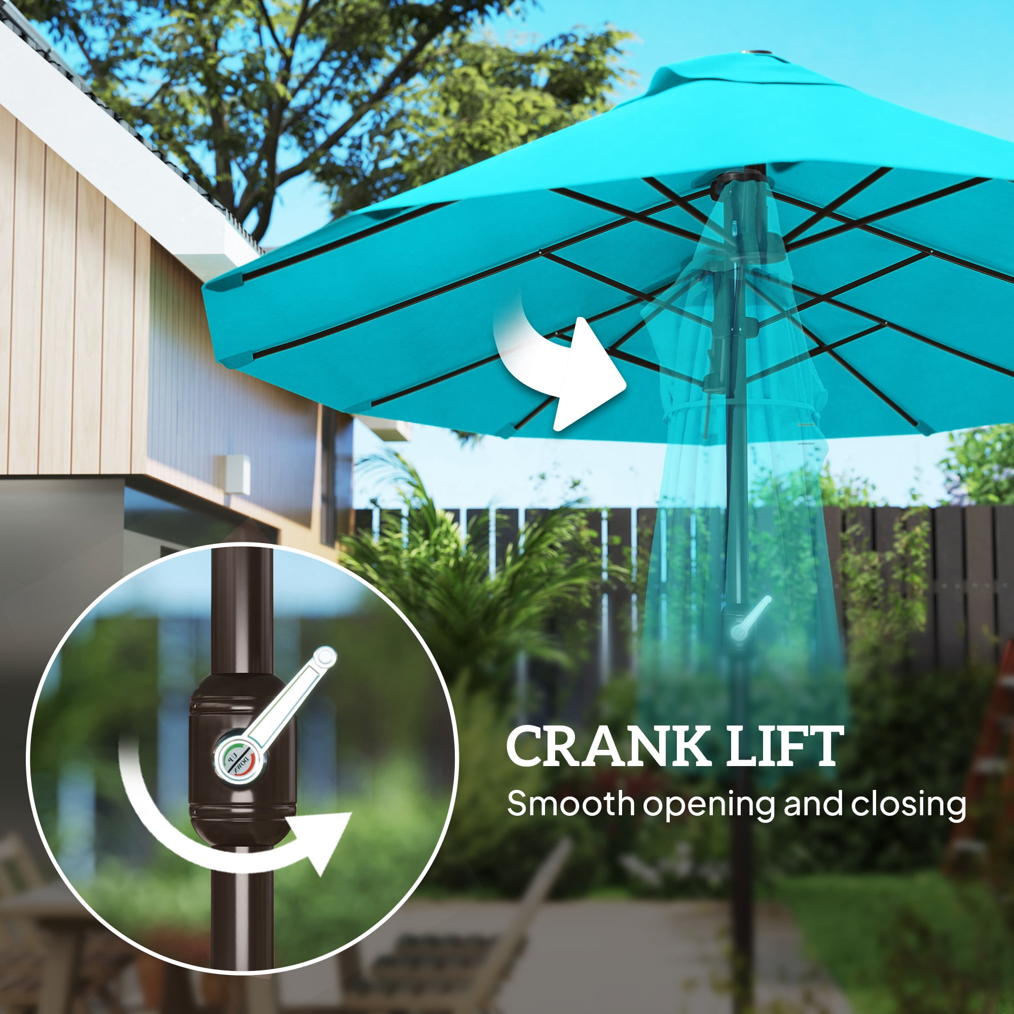 Outsunny Patio Umbrella 15' Steel Rectangular Outdoor Double Sided Market with Base, Sun Protection & Easy Crank for Deck Pool Patio, Blue