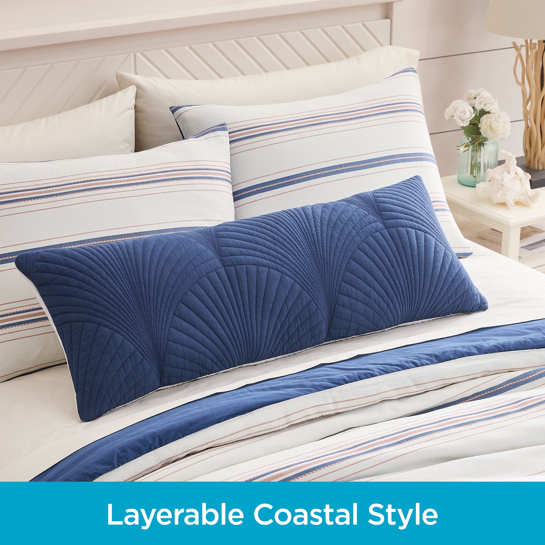 Coastal Living 14" x 36" Blue & White 100% Cotton Decorative Bolster Pillow for Bed