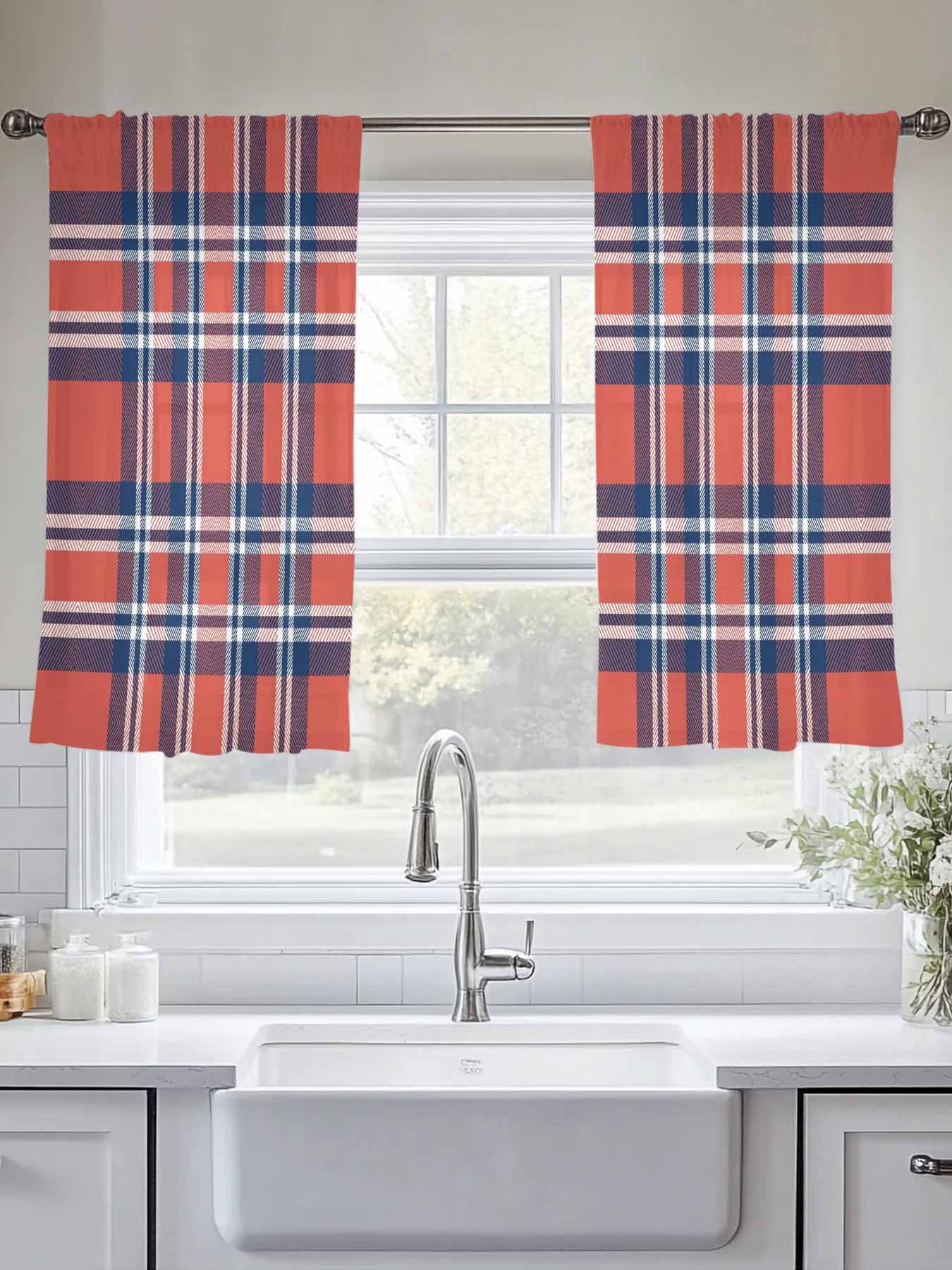 Orange And Sheer Curtains for Living Room Bedroom, Blue British Style Plaid Light Filtering Sheer Curtains, Rod Pocket Voile Window Drapes, 2 Panels Set 52"x 54"