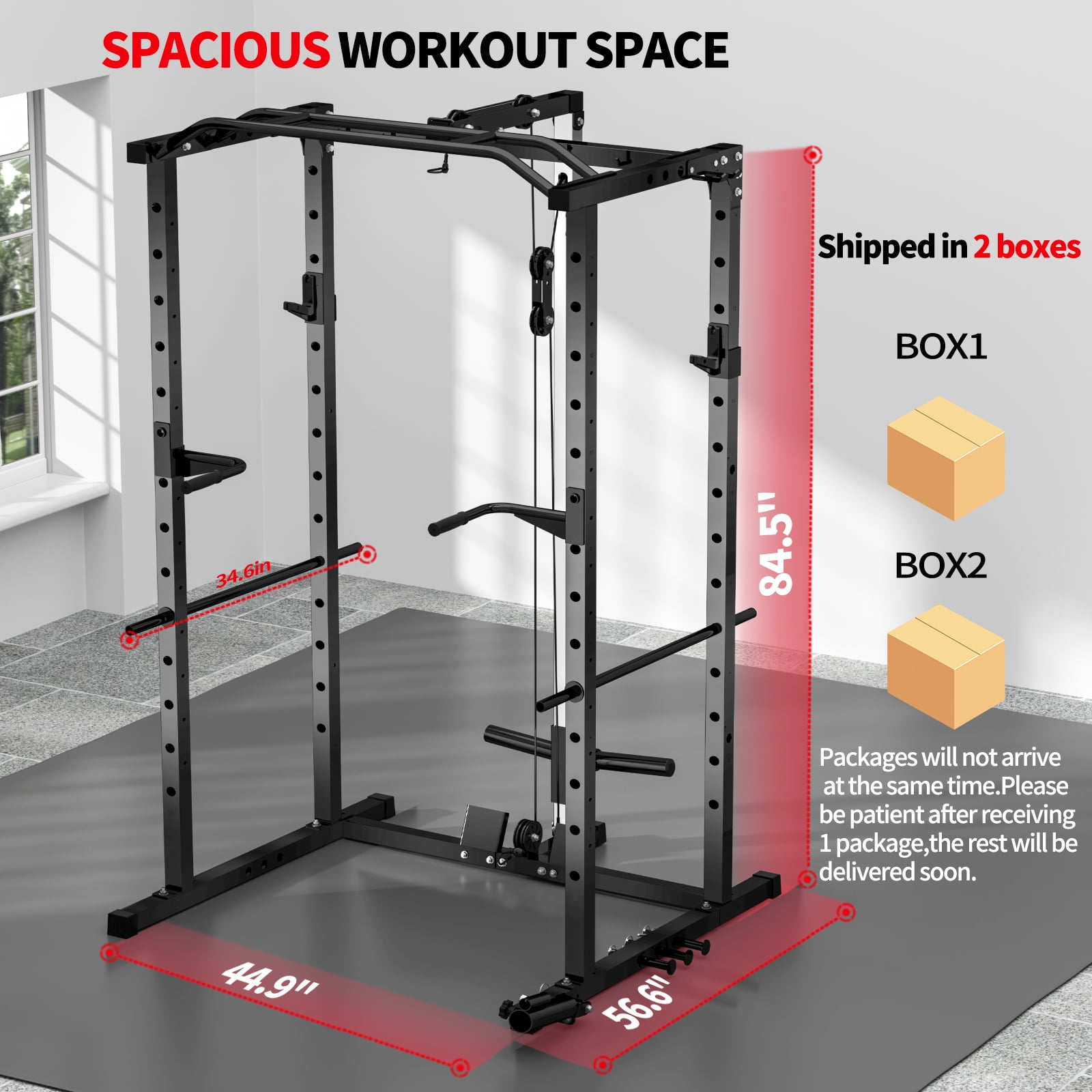BOGYKIK H30 BASE Power Rack with LAT Pulldown, 2000 lb Power Cage with Cable Pulley System, Pull-Up Bar & Attachments, Black