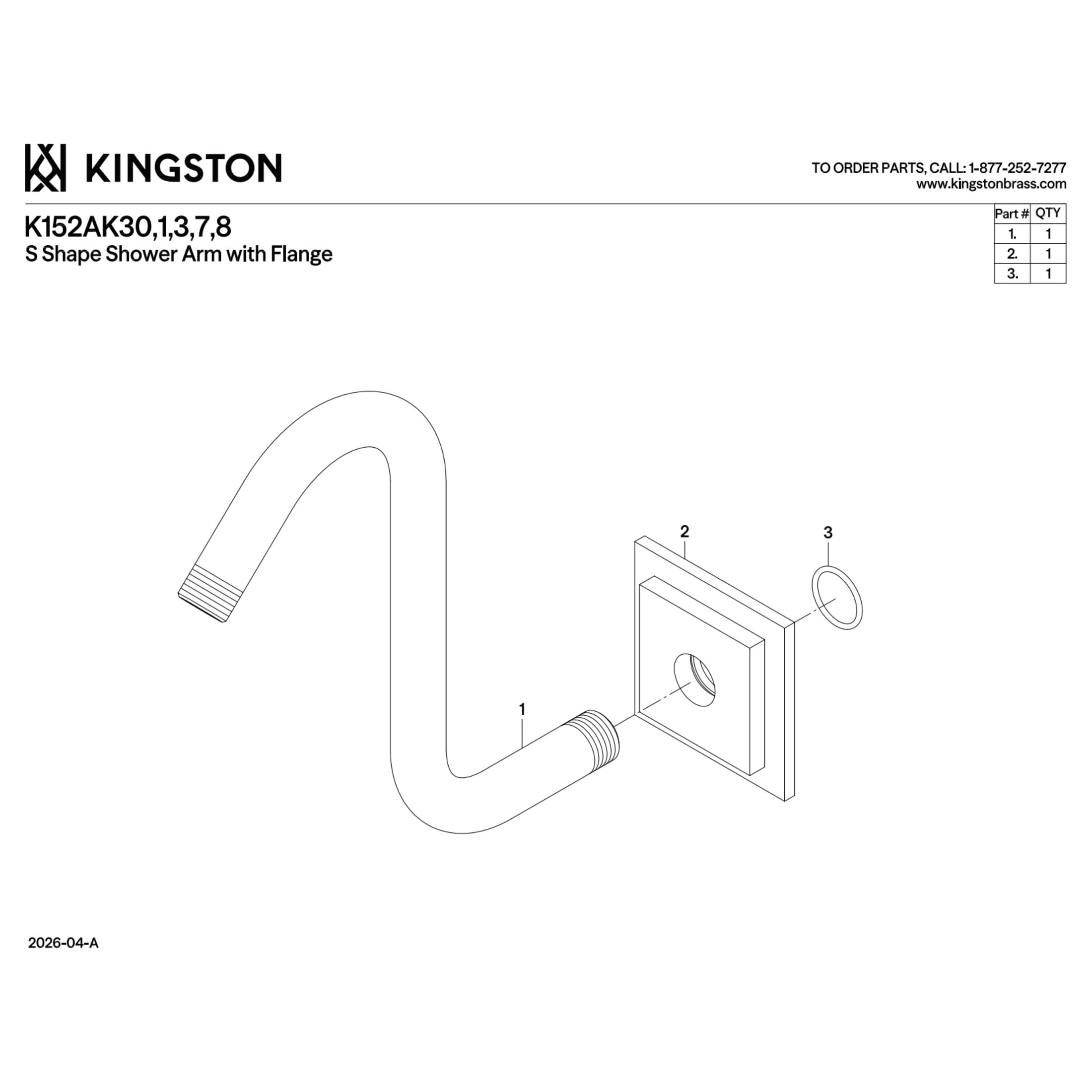 Kingston K152AK31 Claremont S-Shape Shower Arm with Square Flange, Polished Chrome