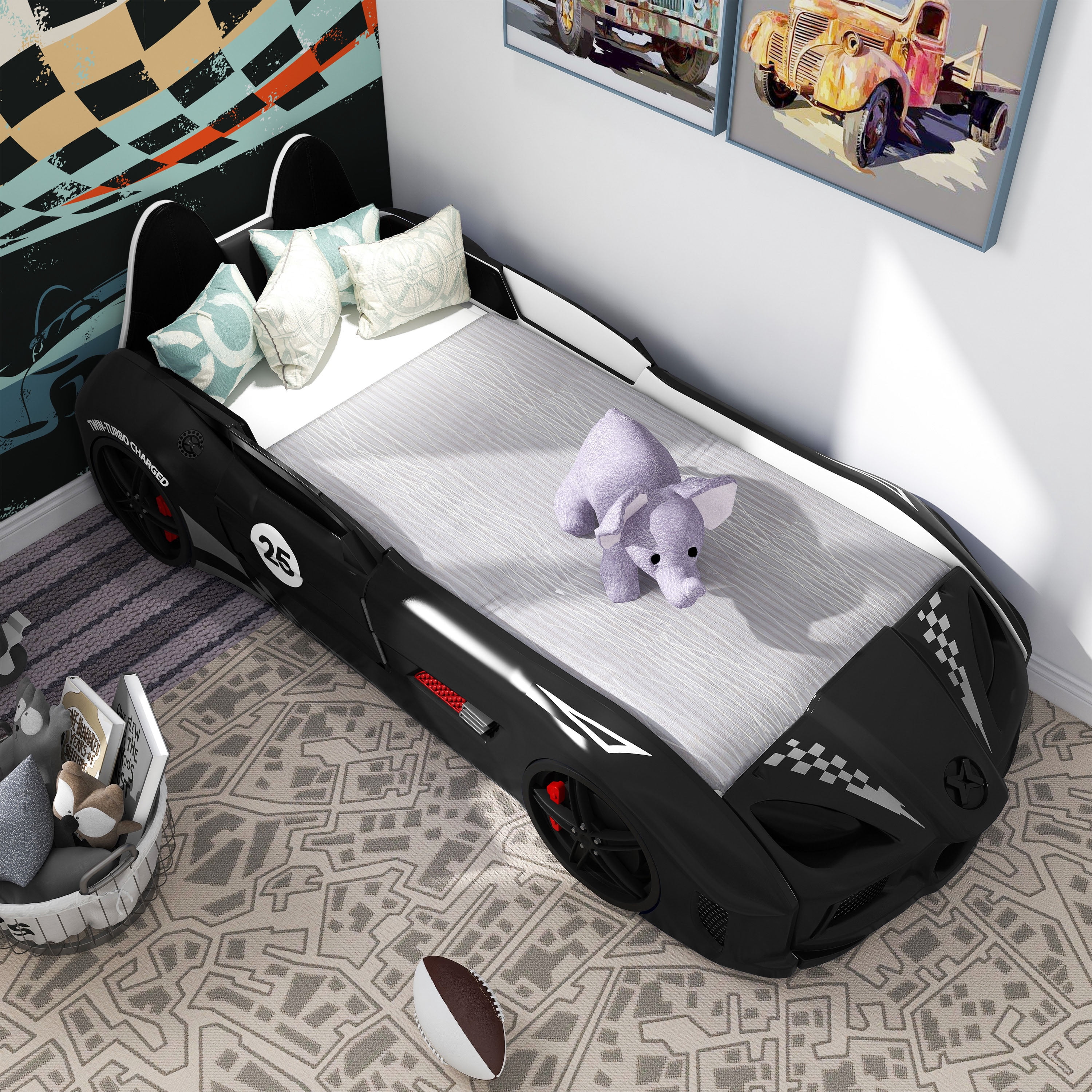 Furniture of America Dash Kids Plastic Twin Race Car Bed with LED and Sound, Black
