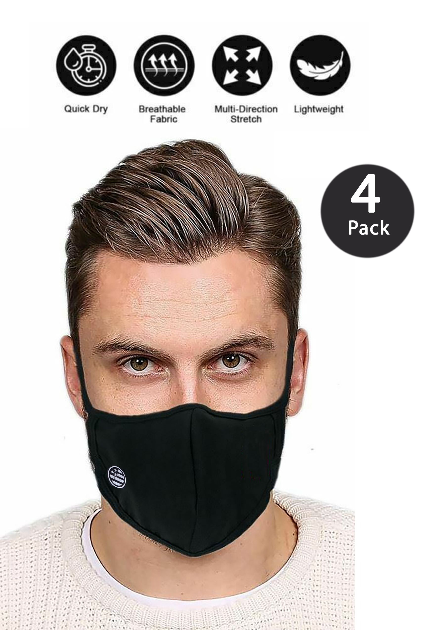 Soft Cotton Reusable Double Layer Washable Covering White Flag Men Women Unisex Black Adult Size Face Cover Mask 4 Pack - image 2 of 4