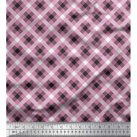 Soimoi Purple Poly Georgette Fabric Diagonal Check Printed Fabric 1 Yard 42 Inch Wide