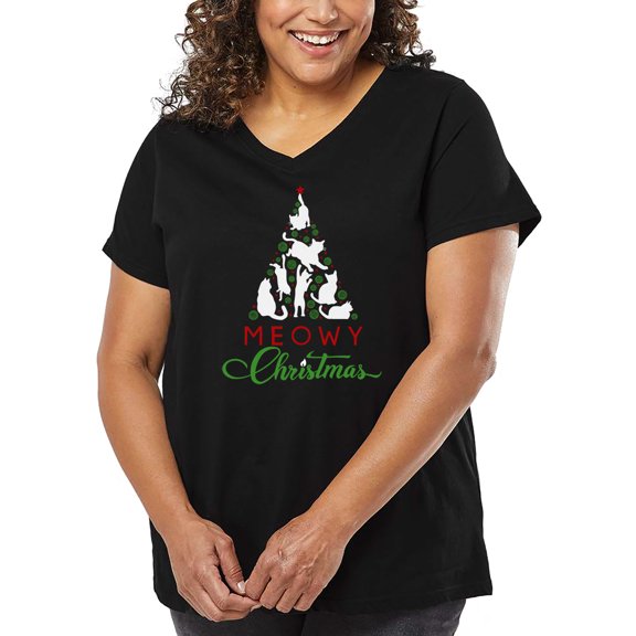 Meowy Christmas Tree - Women's Plus Size Word Art V-Neck