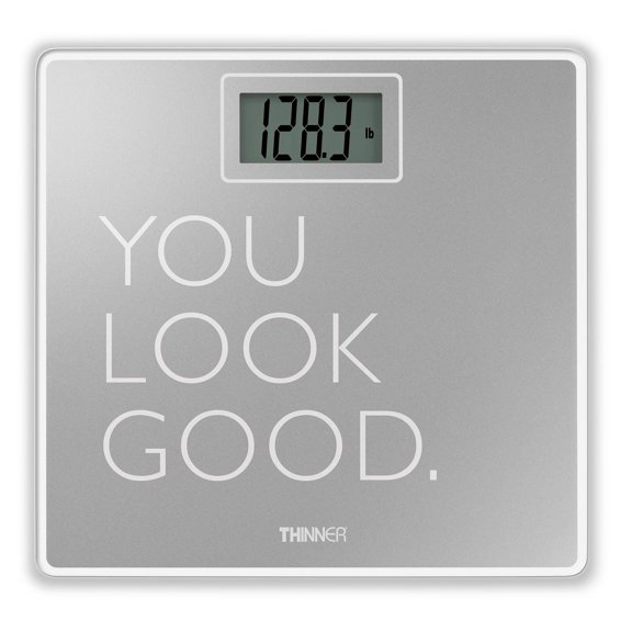 Pèse-personne numérique en verre Thinner par Conair avec inscription motivante.