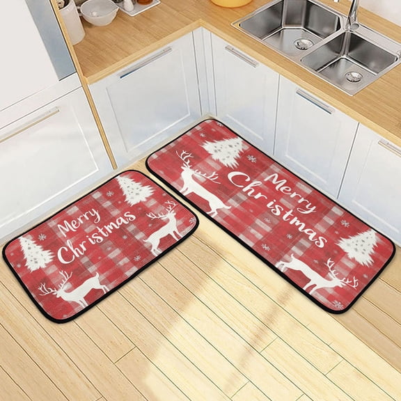 Kitchen Rugs and Mats【2 PCS】Non Skid Christmas Light Red Plaid Pattern with Reindeer Creative Kitchen Mat