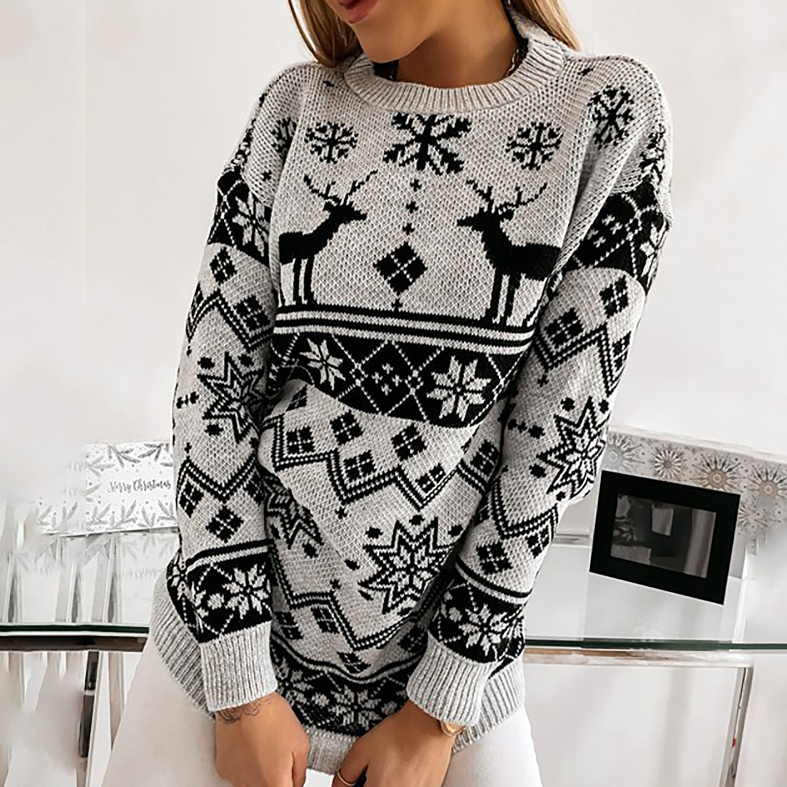 T-shirt De Noël Femme Moche (Ugly Christmas) - Col V, Manches Longues, Grande Taille