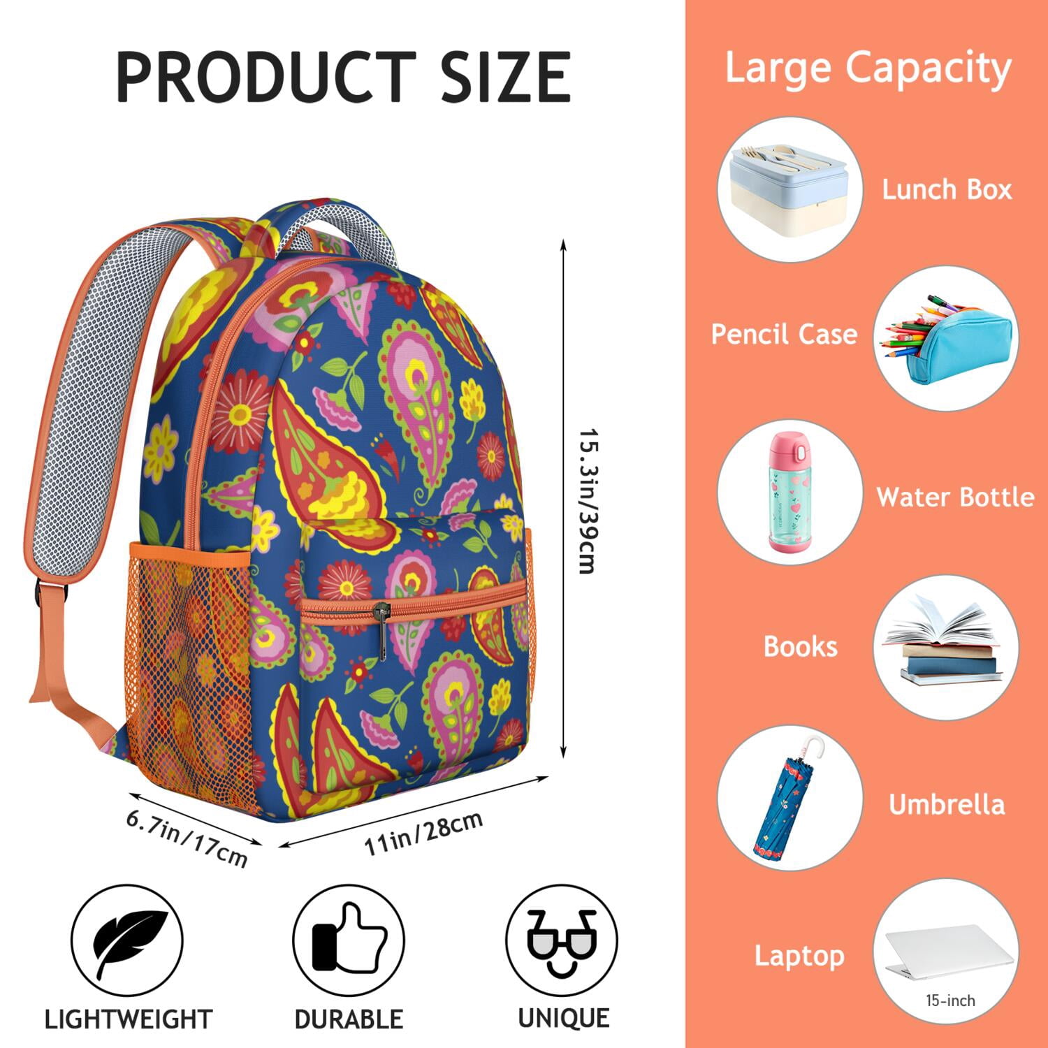Boho Chic Paisley Backpack - Waterproof & Lightweight Bookbag for College Students & Commuters