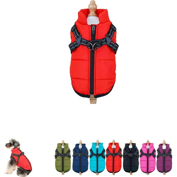 Dog Winter Coat, 3 in 1 Winter Jacket for Dogs, Furry Dog Jacket with Harness, Waterproof Windproof DogSnow Jacketwith Zipper, for Small Medium Large Dogs/Cats (Red,S)