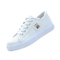 thumbnail image 2 of Domuza Women Frayed Edge Patch Decor Low Top Canvas Sneakers, Lace Up Casual Flat Skate Shoes Non Slip Rubber Sole for Daily Walking Streetwear White 9（EU-42）, 2 of 4