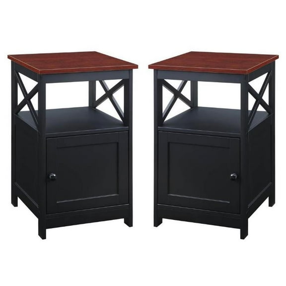 Home Square End Table with Cabinet Cherry and Black - Set of 2