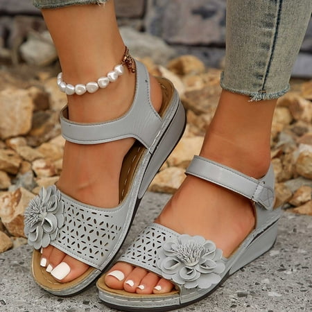 

Jacenvly 2024 New Women s New Plus-Size Hollowed-Out Flower Platform One-Line Buckle Wedge Sandals Gray Sandals for Women Clearance