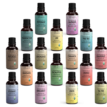 Lavender And Linen Top 16 Essential Oil Set, USDA Certified Organic, 16 Glass Bottles / 10 ml each, Lavender Peppermint Lemon Orange Lemongrass Rosemary Eucalyptus Tea Tree Mandarin Lime Frankincense Patchouli Pine Tre ()