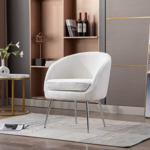 Modern Accent Barrel Chair Dining Chair, Teddy Fabric Armchair Leisure Chair, Vanity Makeup Side Chair with Silver Metal Legs for Living Room, Bedroom, Dining Room, White -