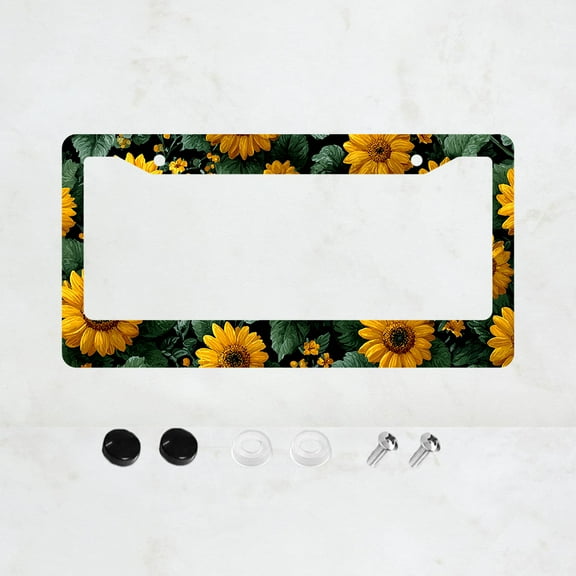 1pc Black and Yellow Sunflower Pattern 2 Hole License Plate Frame, Aluminum Material, 6x12 Inches with Screw Set, Retro Cartoon Car Decoration Gift, Standard US License Plate Size