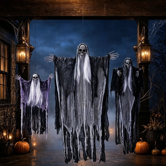 3 Pack Halloween Hanging Ghost Decorations with Poseable Arms – 3 Sizes 38" & 50" & 58" for Outdoor Yard, Tree & Haunted House