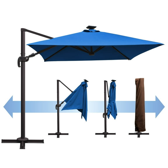 SUNNYOUTDOOR 8'x8' Deluxe Cantilever Umbrella LED Lighted Umbrella Sunbrella Cover Patio Umbrella Garden Outdoor (Sky Blue)