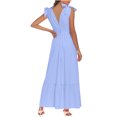 thumbnail image 4 of Honeeladyy Womens Summer V Neck Tie Strap Maxi Dress Solid Color Sleeveless Long Dress Spaghetti Strap Flowy Dresses Blue XXXXXL, 4 of 6