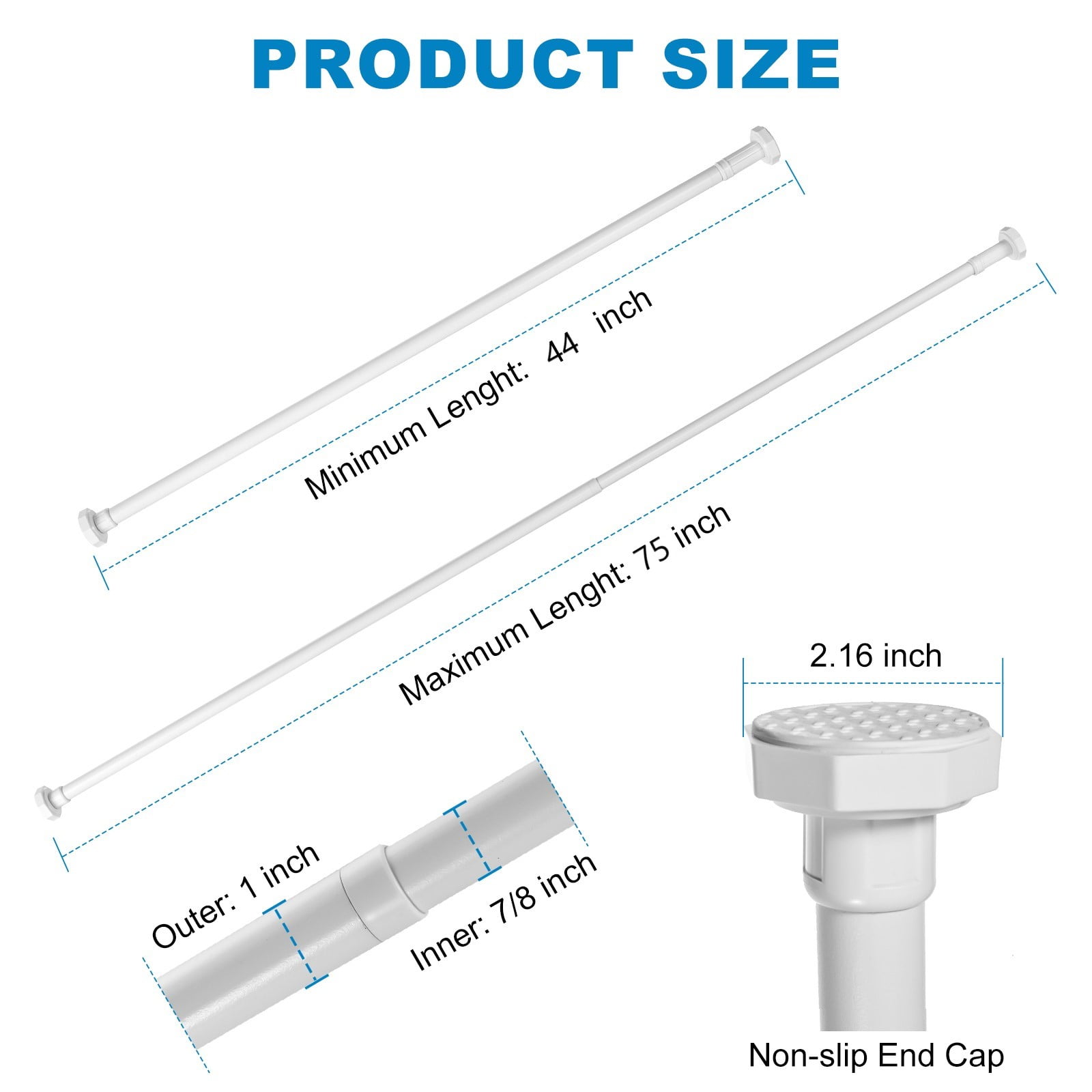 BEAMNOVA No Drill Telescopic Shower Curtain Rods, 44"-75" Adjustable Tension Rod, Rust-Resistant Stainless Steel for Windows Bathroom, White (1 Pack)