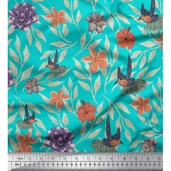 Soimoi Green Modal Satin Fabric Flying Bird & Floral Fabric Prints by Yard 42 Inch Wide