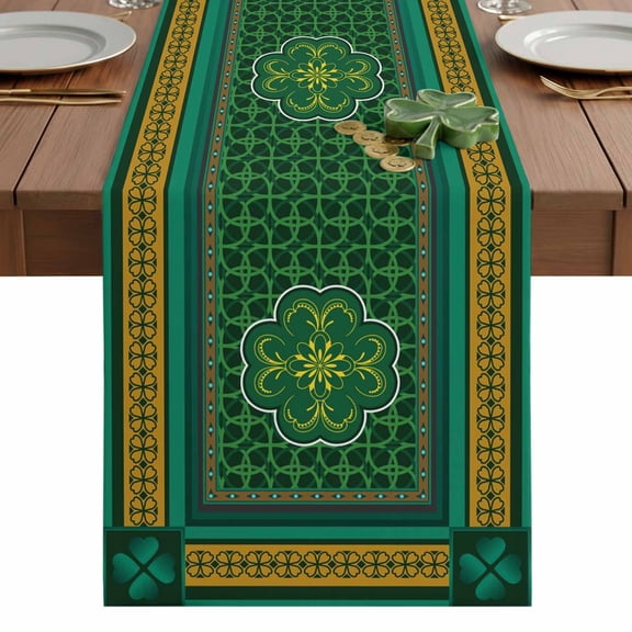 Saint Patrick's Day Table Runner 13 x 48 Inch, Vintage Celtic Knots Green Yellow Lucky Shamrocks Border Washable Cotton Linen Dining Table Runner Tabletop Decorations for Home Kitchen Party