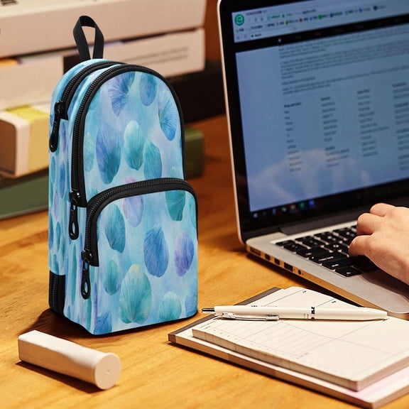Backpack Pencil Case, 3 Compartment Large Capacity Oxford Fabric Pencil Pouch / Watercolor Seashells Pattern