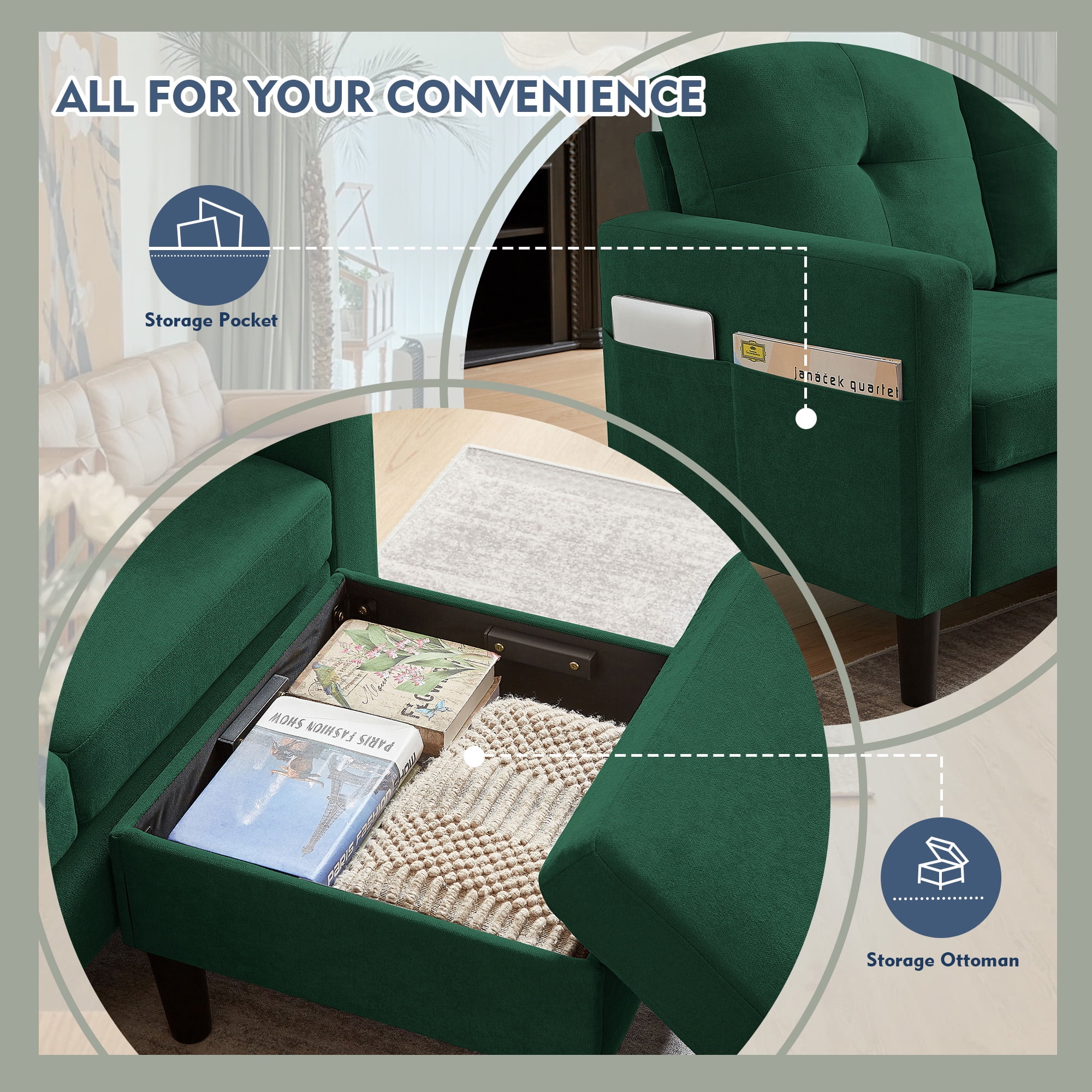 Tornama Linen L Shaped Convertible Sectional Sofa with Reversible Chaise, Green